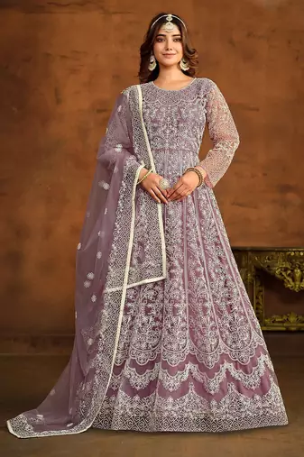 Purple net thread work semi stitched size up to 42 salwar suits