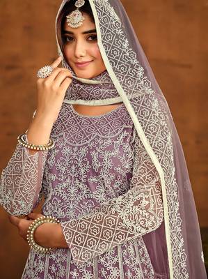Purple net thread work semi stitched size up to 42 salwar suits 2