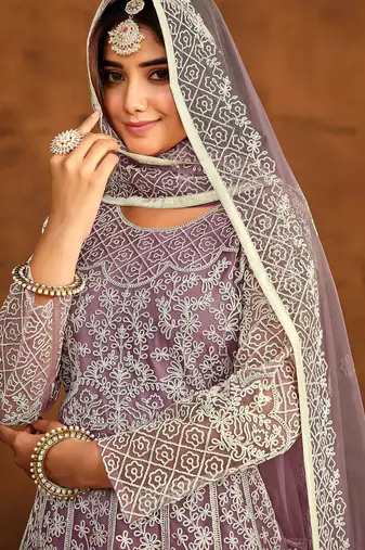 Purple net thread work semi stitched size up to 42 salwar suits