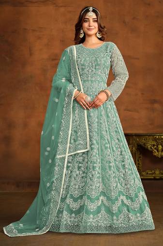 Turquoise net thread work semi stitched size up to 42 salwar suits