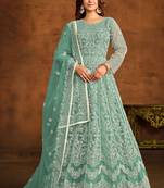 Turquoise net thread work semi stitched size up to 42 salwar suits