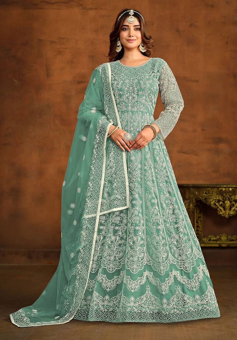 Turquoise net thread work semi stitched size up to 42 salwar suits