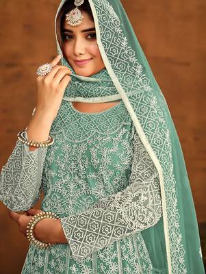 Turquoise net thread work semi stitched size up to 42 salwar suits 2