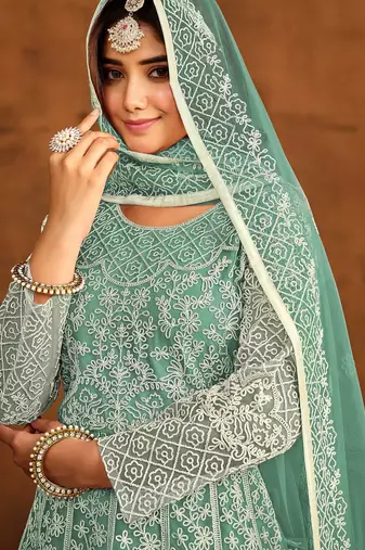 Turquoise net thread work semi stitched size up to 42 salwar suits