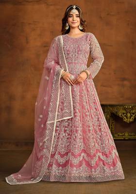 Pink net thread work semi stitched size up to 42 salwar suits 1
