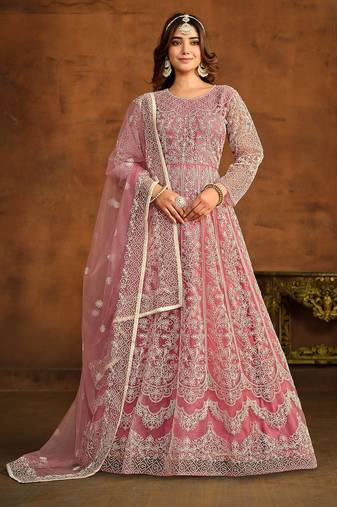 Pink net thread work semi stitched size up to 42 salwar suits