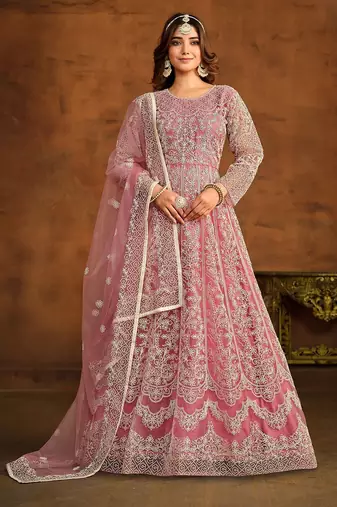 Pink net thread work semi stitched size up to 42 salwar suits