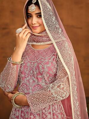 Pink net thread work semi stitched size up to 42 salwar suits 2