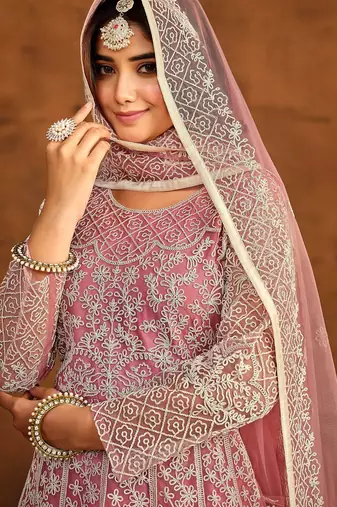 Pink net thread work semi stitched size up to 42 salwar suits