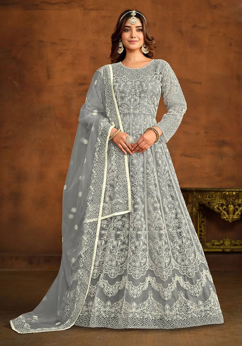 Grey net thread work semi stitched size up to 42 salwar suits