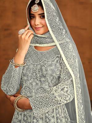 Grey net thread work semi stitched size up to 42 salwar suits 2