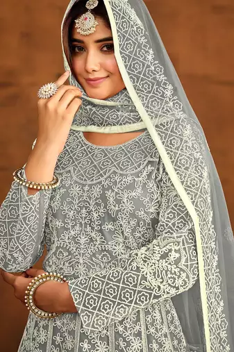 Grey net thread work semi stitched size up to 42 salwar suits