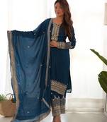 Teal Blue Heavy work partywear kurti with pant and dupatta set