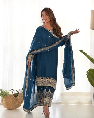 Teal Blue Heavy work partywear kurti with pant and dupatta set 3