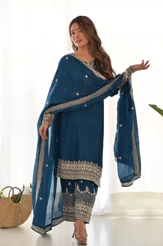 Teal Blue Heavy work partywear kurti with pant and dupatta set
