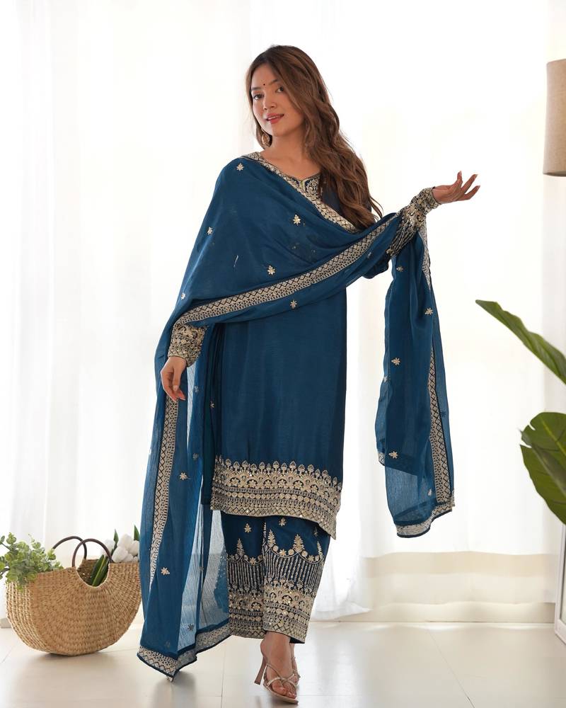 Teal Blue Heavy work partywear kurti with pant and dupatta set
