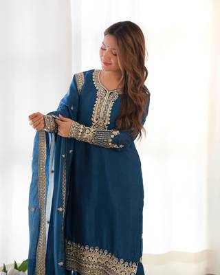Teal Blue Heavy work partywear kurti with pant and dupatta set 4