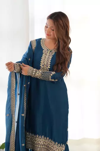 Teal Blue Heavy work partywear kurti with pant and dupatta set