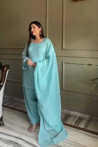 Aqua blue eid special Crunchy Silk patiala set with dupatta