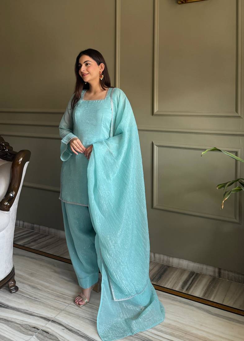 Aqua blue eid special Crunchy Silk patiala set with dupatta