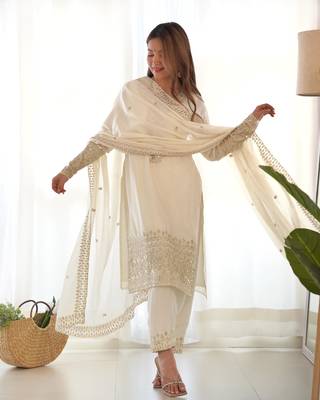 White chinnon silk kurti set with Sequence work pant and dupatta 1