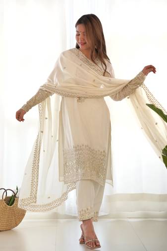 White chinnon silk kurti set with Sequence work pant and dupatta
