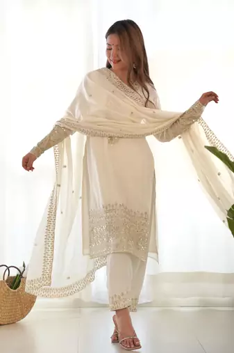 White chinnon silk kurti set with Sequence work pant and dupatta