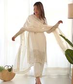 White chinnon silk kurti set with Sequence work pant and dupatta