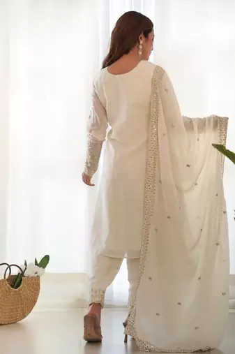 White chinnon silk kurti set with Sequence work pant and dupatta