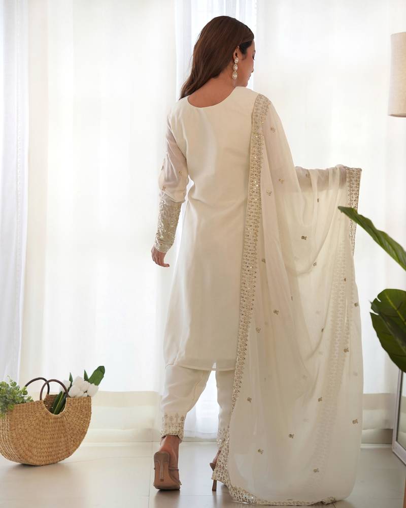 White chinnon silk kurti set with Sequence work pant and dupatta