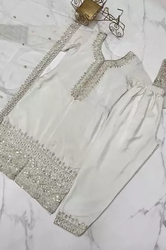 White chinnon silk kurti set with Sequence work pant and dupatta