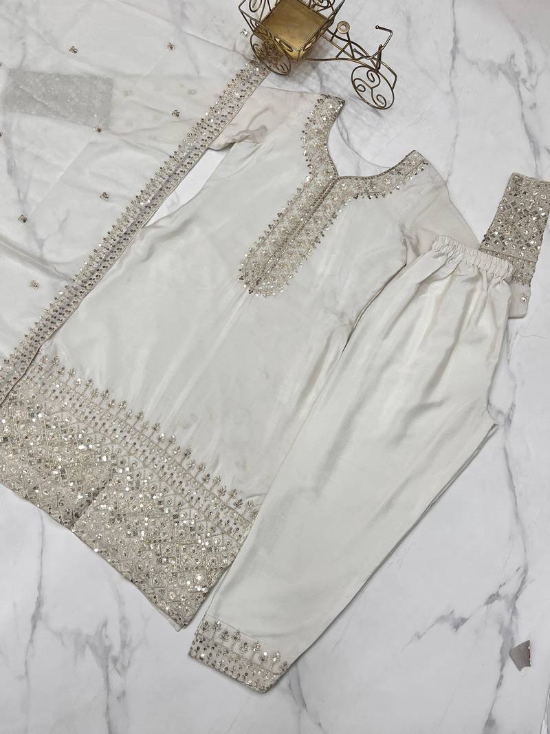 White chinnon silk kurti set with Sequence work pant and dupatta