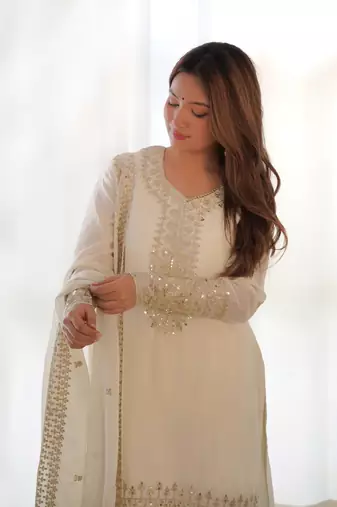 White chinnon silk kurti set with Sequence work pant and dupatta