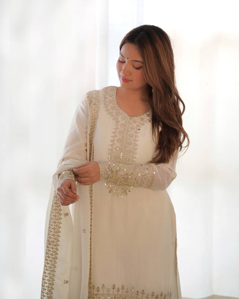 White chinnon silk kurti set with Sequence work pant and dupatta