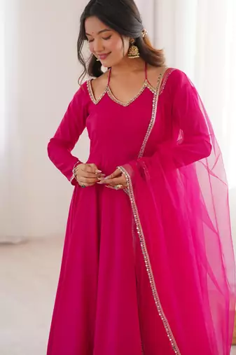 Rani Pink partywear anarkali dress with dupatta