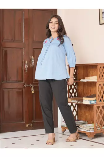 Yash gallery women's tow tone cotton top with key hole embroidery detailing neck design three fourth gathered sleeves