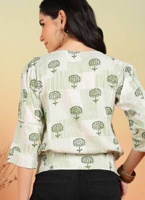 Yash gallery women's rayon patch print smoking waist lengtth  round neck 3/4 puff sleeves  top (white) 2