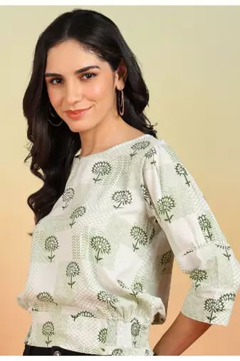 Yash gallery women's rayon patch print smoking waist lengtth  round neck 3/4 puff sleeves  top (white)