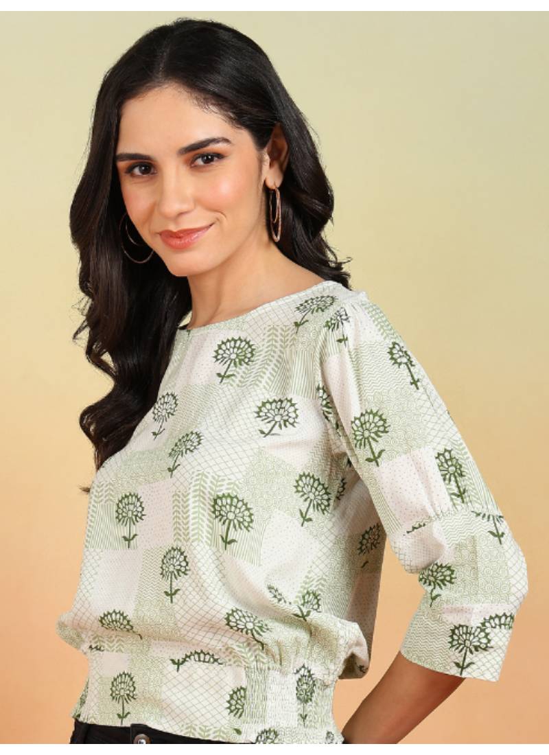 Yash gallery women's rayon patch print smoking waist lengtth  round neck 3/4 puff sleeves  top (white)