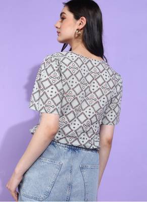 Yash gallery women's cotton geometrical print waist lengtth square neck short sleeves regular fitted top (grey) 2