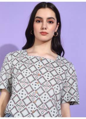 Yash gallery women's cotton geometrical print waist lengtth square neck short sleeves regular fitted top (grey) 3