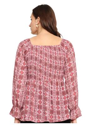 Yash gallery women's polyester waist length full sleeve square neck geometic printed top 2
