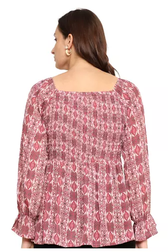 Yash gallery women's polyester waist length full sleeve square neck geometic printed top