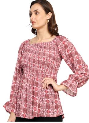 Yash gallery women's polyester waist length full sleeve square neck geometic printed top 3