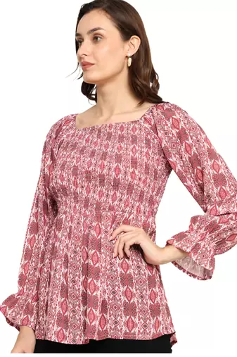 Yash gallery women's polyester waist length full sleeve square neck geometic printed top