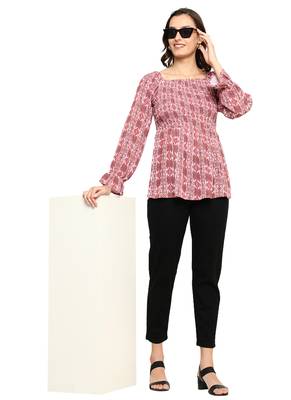Yash gallery women's polyester waist length full sleeve square neck geometic printed top 4