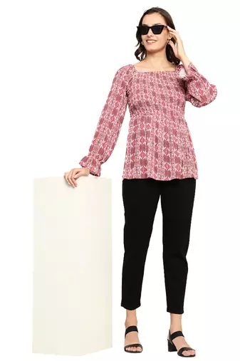 Yash gallery women's polyester waist length full sleeve square neck geometic printed top
