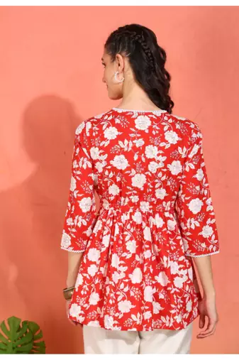 Yash gallery women's cotton floral printed 3/4th sleeve v-neck mid thigh length lace work peplum style short kurti