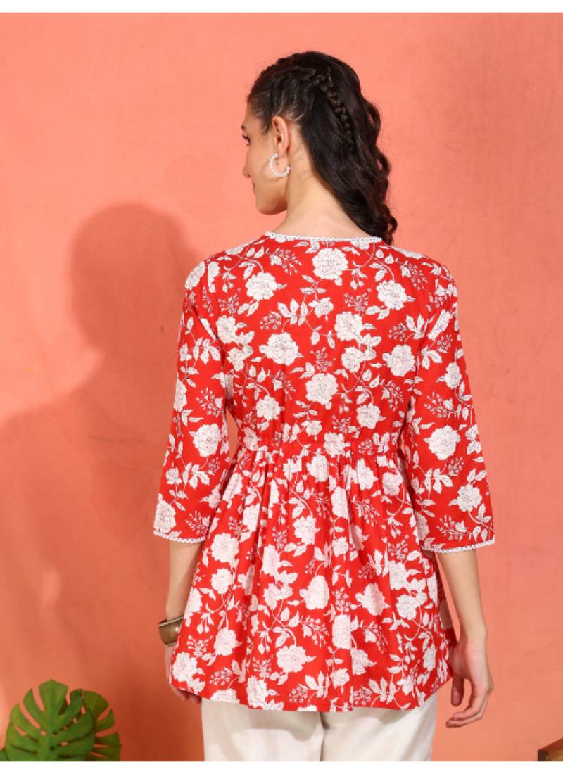 Yash gallery women's cotton floral printed 3/4th sleeve v-neck mid thigh length lace work peplum style short kurti