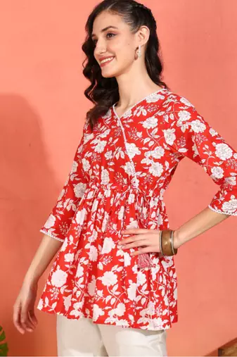 Yash gallery women's cotton floral printed 3/4th sleeve v-neck mid thigh length lace work peplum style short kurti
